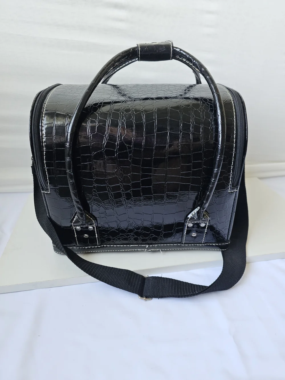 Black Faux Croc Cantilever Makeup Train Case Vintage Style Travel Vanity Bag
